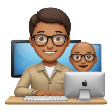 smiling man at computer, cheerful sticker