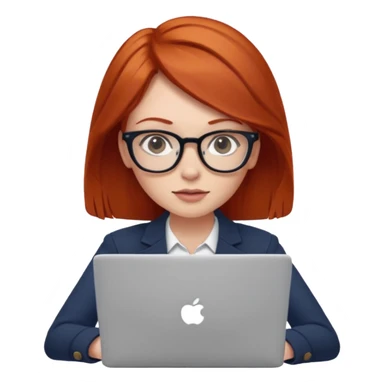 redhead female with glasses focused on a laptop sticker