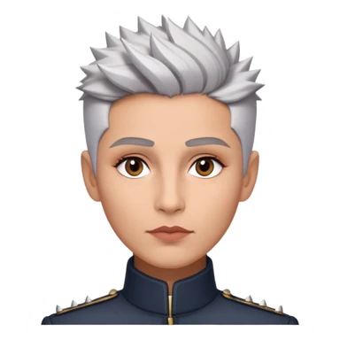 Marian Pabón with elegant facial features, light rosy complexion, expressive made-up eyes, medium well-defined lips, sophisticated pronounced cheekbones, short spiky silver hair styled like a men's cut sticker