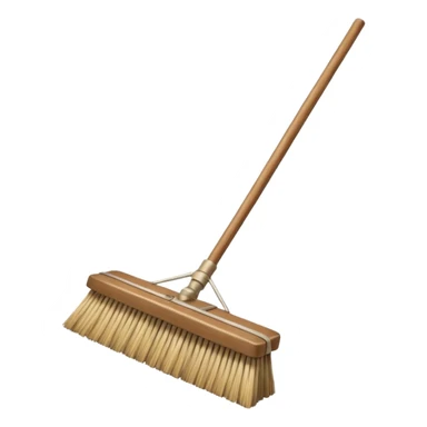 traditional broom with wooden handle on a dusty carpet, straw bristles sweeping visible dust clouds, old-fashioned cleaning tool, vintage household style, 3D cartoon, mobile game icon style, centered composition, no people, no animals, no text, no watermark sticker