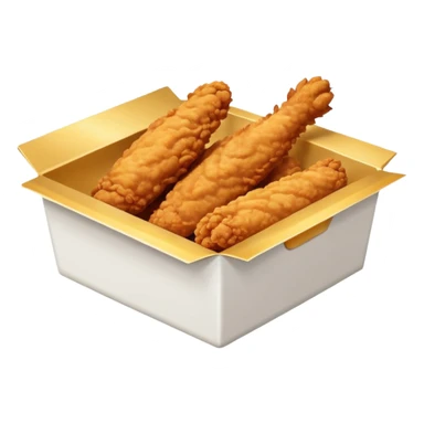 a frontal rectangular white box with no lid, filled with crispy fried chicken fingers sticker