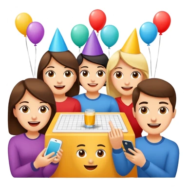 Party quiz with happy people with no phone writing blocks empty eyes sticker