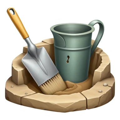 An icon showing an archaeologist’s tools: a trowel, brush, and a partially uncovered ancient artifact like a vase or tablet. The design includes a sandy excavation site with ruins in the background, symbolizing the discovery of past civilizations. Transparent background  sticker