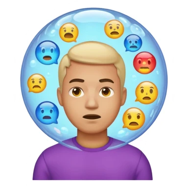 Realistic emoji-style man trapped inside a glowing filter bubble. The bubble contains identical social media icons and repeating content symbols. Outside the bubble are colorful diverse icons he cannot see. The man looks comfortable but unaware, expressing narrow perspective. sticker