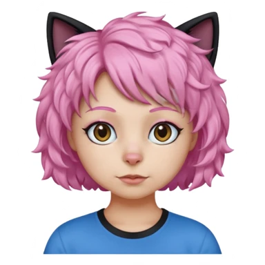 a Black cat wearing a short curly pink hair wig, blue T-shirt sticker