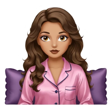 Woman with brunette hair light tanned skin reading on sofa. Long wavy hair. Beige ivory colours. Silk pyjamas. Realistic. Foxeye with lashes. Glamorous makeup sticker