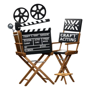 Icon for Acting: a theatrical mask, stage lights, a director’s chair, a script, a movie camera and a clapperboard, representing the craft of acting in theater and film. Famous actor-star. The design should reflect creativity, performance, and storytelling. Transparent background. sticker