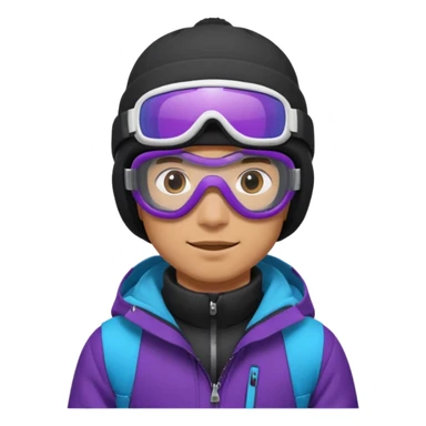 male Pro Snowboarder with white beanie, ONE pair of purple and blue frameless goggles and a black jacket sticker