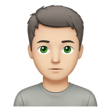 white man with dark messy short hair, dark green eyes, wearing a gray t-shirt sticker