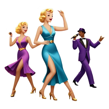 Vintage movie poster-style icon for a musical film. A vibrant street scene with bright lights, dancers mid-step, a singer with a microphone, and a jazz band playing. The cityscape glows in the background, evoking the golden era of musicals. Transparent background. sticker