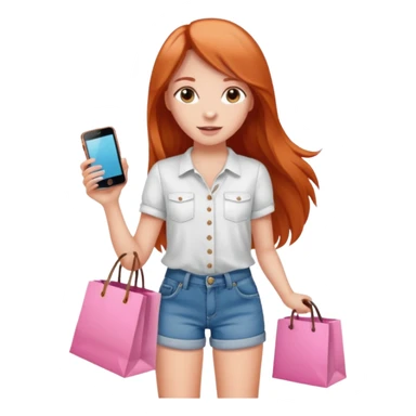 Chica con cabello cobrizo largo short de jeans blusa blanca y bolsas de compras rosas y celular sticker