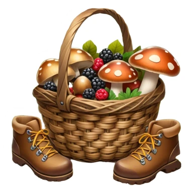 Icon for Mushroom and Berry Tourism: a basket filled with mushrooms and berries, surrounded by forest elements like trees, leaves and a hiking boots. The icon should capture the joy of foraging in nature. Transparent background. sticker