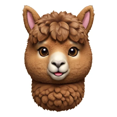 Cinematic Cute Brown Alpaca Portrait Emoji, Head tilted playfully and inquisitively, featuring a plush, rich brown fleece with a natural sheen, round, sparkling warm eyes filled with curiosity, Simplified yet irresistibly adorable features, highly detailed, glowing with a warm, friendly glow, high shine, affectionate and gentle, stylized with a touch of whimsy, bright and endearing, soft glowing outline, capturing the essence of a mischievous yet loving alpaca, so playful it feels like it could prance out of the screen and into your arms! sticker