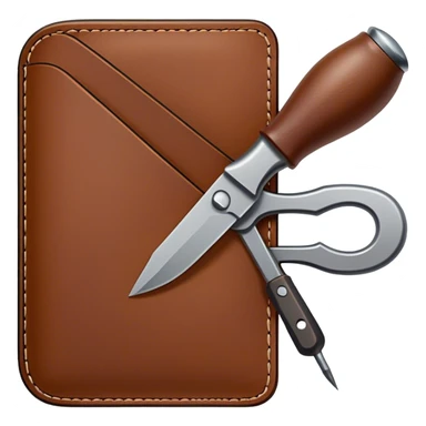 Leatherworking icon, piece of raw leather being crafted into a leather wallet or belt with engraving, professional tools like leather stitching awl, edge beveler, hammer, prying tool, minimalistic style, clean lines, transparent background. sticker