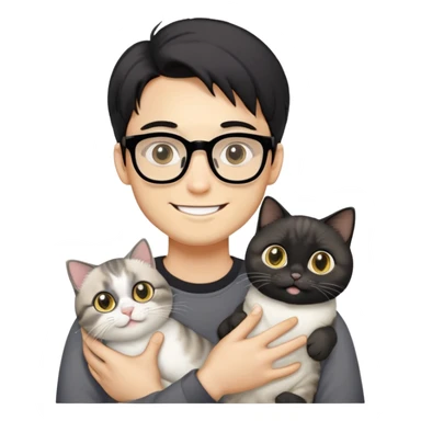 Young man with warm yellow-toned skin, long face, black back-length hair, large eyes, thin-rimmed square glasses, smiling gently while holding a grayish-white Munchkin cat with short legs and a gray patch under its mouth sticker