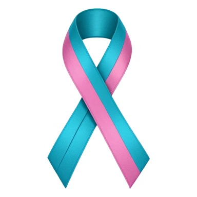 Thyroid cancer ribbon which has a blue strand, a pink strand and teal at the top where the ribbon crossed over sticker