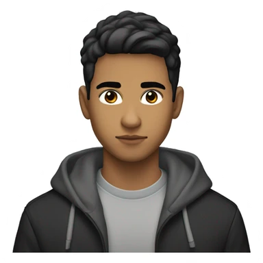 25-year old latino, light-brown skin, with black eyes and short hair, wearing a hoodie with a black long coat sticker