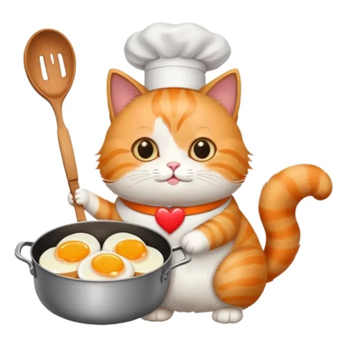 a cat holding a cooking pan with double heart-shaped eggs sticker