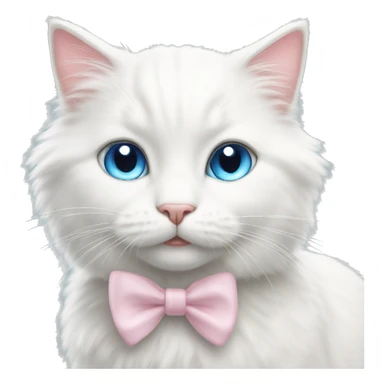 A happy cute fluffy white cat with blue eyes and a light pink bow  sticker