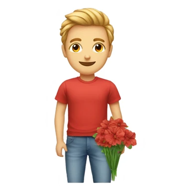 homme blanc avec un teeshirt rouge tenant des fleurs et une pancarte où il y a écrit "Julia<3" sticker