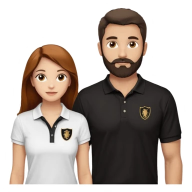 Tente de novo.Crie um casal - Homem branco de cabelo liso e olhos marrom, com barba, expressão séria usando camiseta polo preta e mulher de pele branca cabelo cacheado marrom longo e olhos mel, usando uma regata branca, quero ela sorrindo sticker