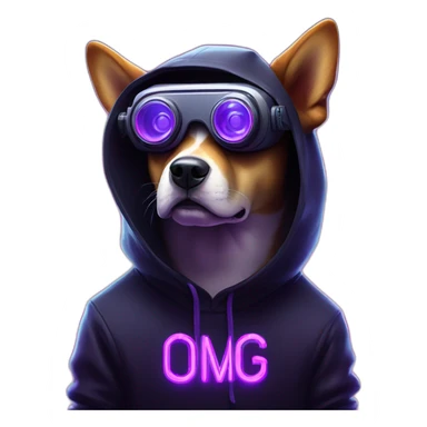 Russian dog wearing a black hoodie with "OMG" letters on it and VR headset in a cyberpunk VR environment with violet neon lighting. sticker