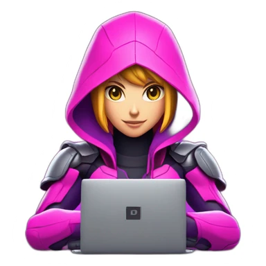 Girl developer behind his laptop with this style : Nintendo Samus Video game neon glowing bright purple pink black hooded hacker themed character sticker