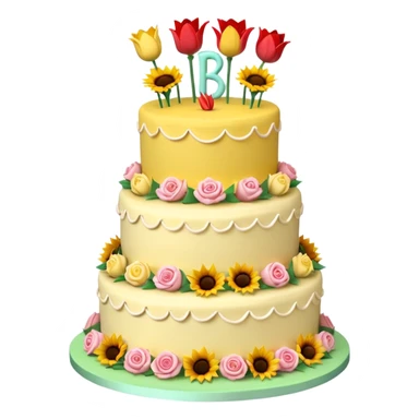 A large three teir cake with top layer decorated with roses, middle with Sunflowers and bottom layerwith Tulips and Happy Birthday Dear written on top. sticker