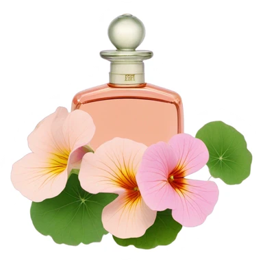 Aesthetic display of blush pink nasturtiums, an elegant violet perfume bottle, and a vintage love letter written in flowing script. sticker