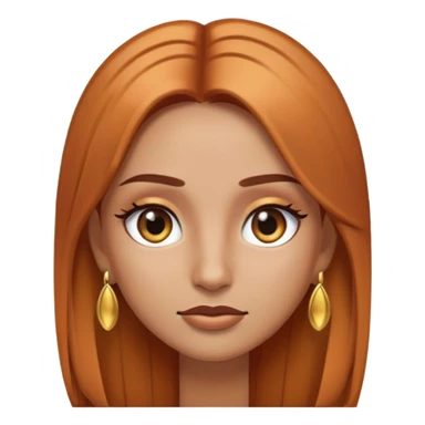 Emoji chica mestiza con cabello cobrizo lacio y largo, con pestañas largas, cejas pobladas, ojos negros, aretes dorados  sticker