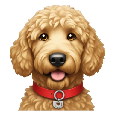 Golden doodle with a red collar sticker