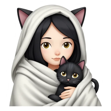 A girl with fair skin and long black hair wrapped in a blanket hugging a black and white cat sticker