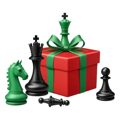 A red gift tied with a green ribbon in a white polka dot, with a knight and pawn chess pieces falling out of the gift sticker