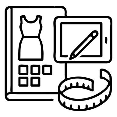 Minimalist vector icon representing fashion design management: an overhead view of a stylized open tech pack document showing a garment sketch, alongside a color swatch grid, a digital tablet with a pen, and a measuring tape curved into the shape of a semicircle. Use clean lines, soft neutral tones with one pop of color (like coral or teal), and geometric shapes. The icon should convey precision, creativity, and fashion process in a modern, professional style. Designed to be easily recognizable at small sizes. Yellow & black theme sticker