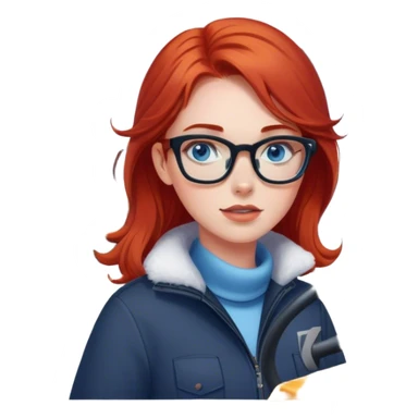 lady with shoulder length red hair, blue eyes and glasses inside a big Snowplow sticker