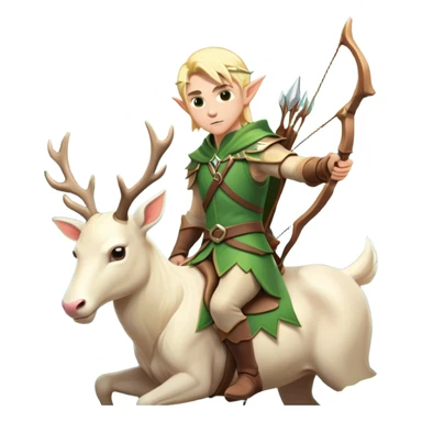 clash-of-clans-aesthetic-blond-male elf-archer-portrait-emoji, rendered in a flat, vector-style with minimal shading and bold, simplified shapes, head tilted slightly forward with a determined, focused expression, riding a majestic white stag whose antlers glow with mystical energy, set against an ancient, enchanted forest backdrop. sticker