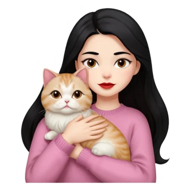 Beautiful Girl Long Hair black, Brows Big , Skin White, Sweater Pale Pink , Big Red Lips, Eyes marron , Hug Little baby Persa Cream Cat With Cute Eyes sticker