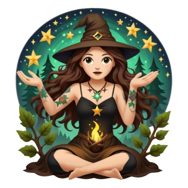 forest witch woman long wavy brown hair tattoos tossing star seed sticker