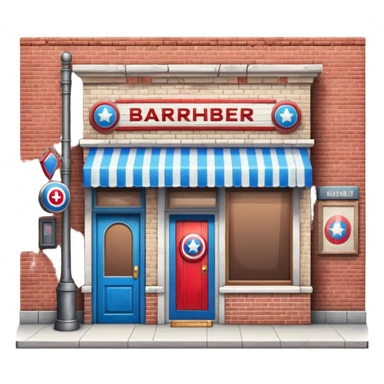 barbershop exterior with secret superhero lair hidden inside, barber pole, secret entrance sticker