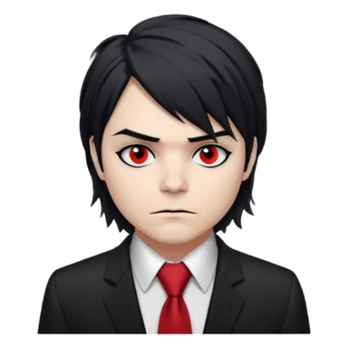 Gerard Way (Revenge Era)
Round, simplified emoji style
Pale skin tone
Jet-black, shoulder-length hair messy and emo
Heavy eyeliner and slight red shadow under the eyes
Subtle serious
Hint of red tie visible on black button up shirt.
Transparent background. Black eyeliner. Messy emo hair sticker