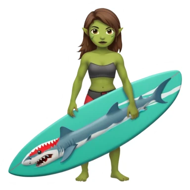 orc female holds a little surfboard with a shark painted vertically in his hands sticker