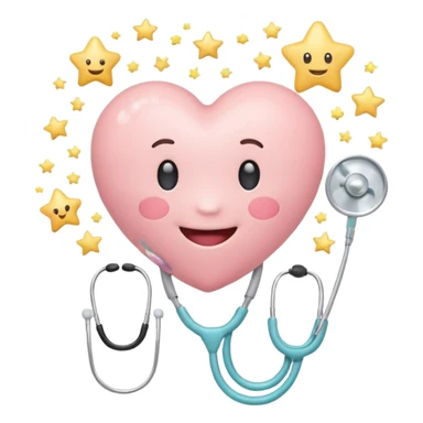 Cute pastel emoji of a smiling heart wearing a stethoscope like a hug, tiny brain inside, little sparkle star, soft glow, rounded edges, cozy and aesthetic. sticker