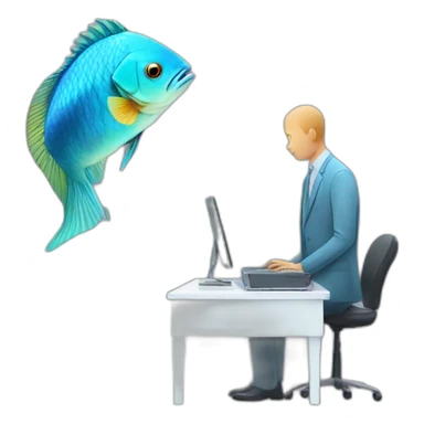 Fish with human body watching a man with computer head sticker