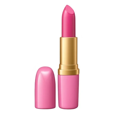 A 3D Apple-style emoji of a pink glossy lipstick tube with a gold cap, inspired by Rare Beauty's "Happy" shade, soft lighting, minimal background, front view, realistic but smooth cartoon style, white background, luxury makeup vibe sticker