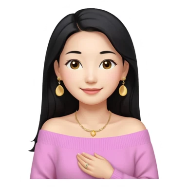 South Korean girl in her mid-thirties with long black hair and a middle part. She is wearing a baby pink, off the shoulder long sleeve knit sweater. She has small gold earrings and a gold necklace. She has brown eyes with narrow, mono lid shape and smiling with lips together sticker