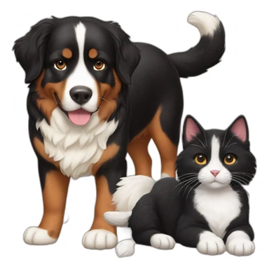 Bernese dog next to A brown and black cat without white sticker