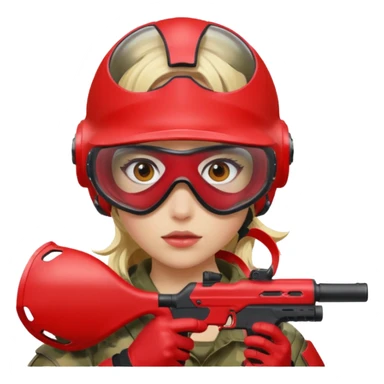 blond girl playing paintball with red paintball helmet with eye protection, only face sticker