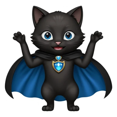 an all black anthropomorphic cat with blue eyes wears an all black cape and is smiling a mischievous sharp tooth grin sticker