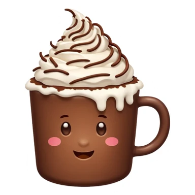 “hot chocolate emoji, whipped cream on top, chocolate shavings, cute, minimal, white background” sticker