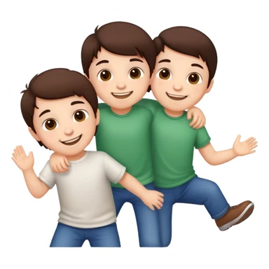 Three cute little brunette brothers playing  sticker